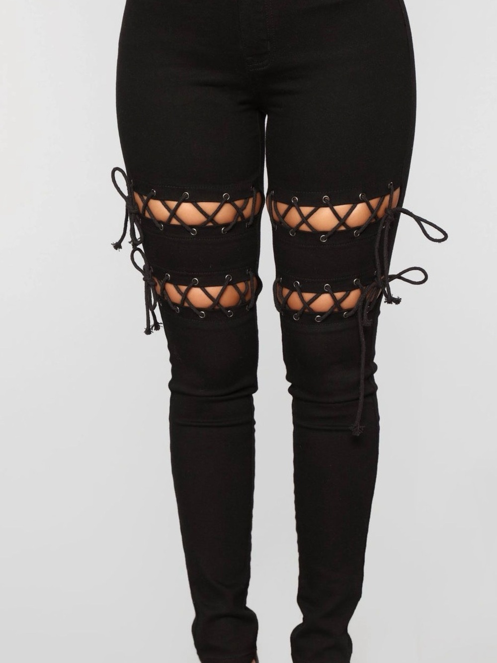 Lace-Up Knee Cutout Skinny Pants - Black